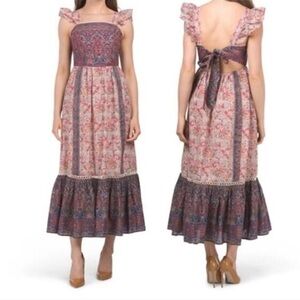 Haute Hippie Floral Sundress Women Size 10 Peasant Ruffles Sleeve Tan Red